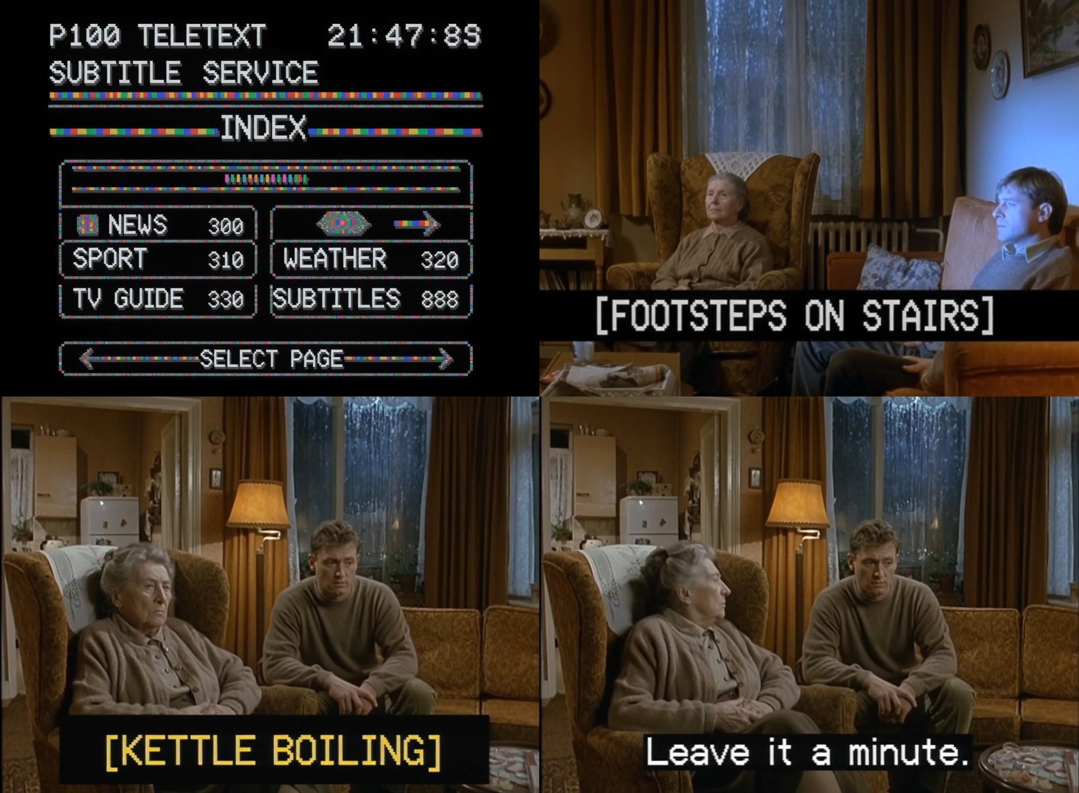 Four stills. The first is a teletext interface with a subtitle service menu. The second and third panels show a man and an older woman in a living room, with sound captions for footsteps and a boiling kettle. The fourth panel shows the woman speaking.