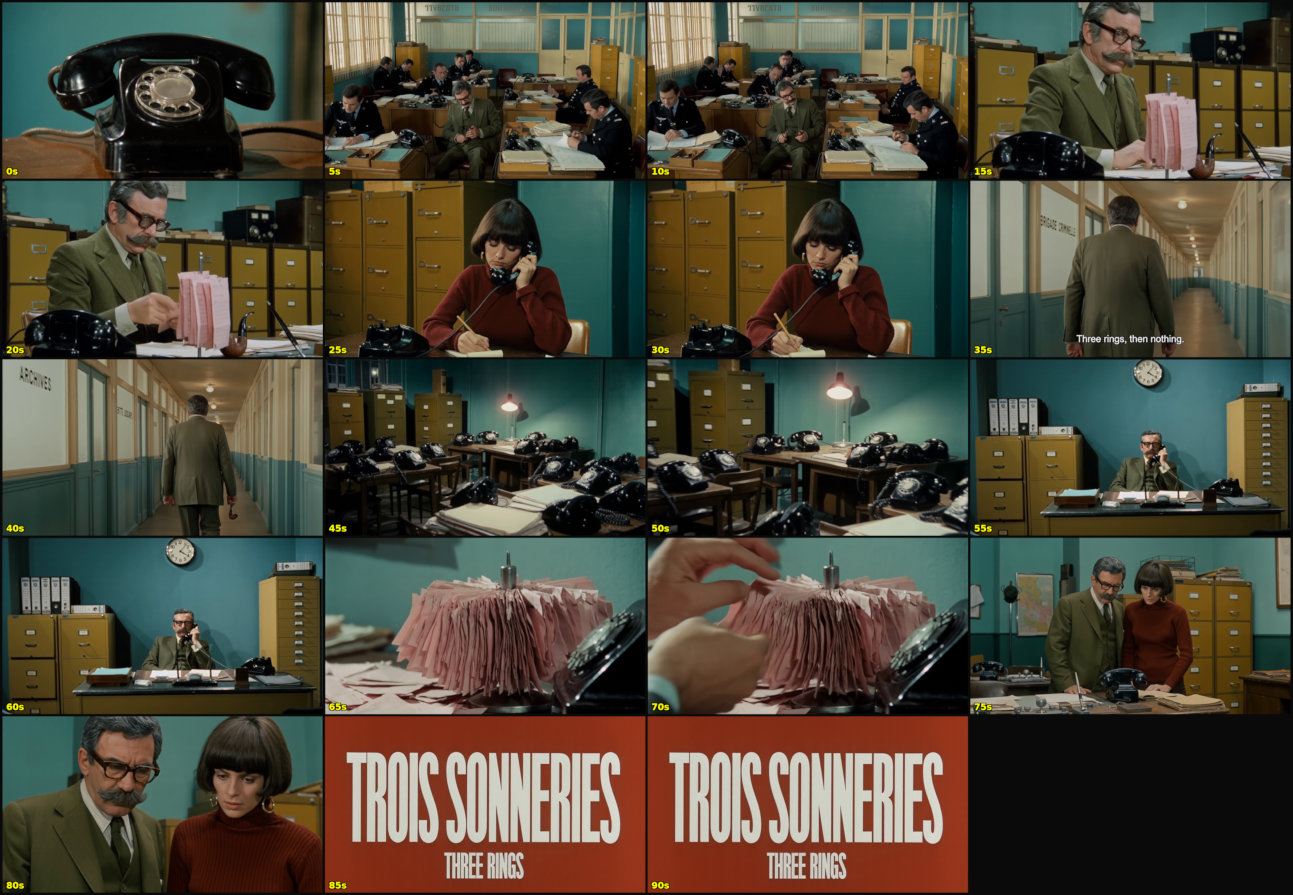 A grid of 20 stills depicting scenes from a production titled “TROIS SONNERIES / THREE RINGS”. The setting is a vintage office with pale blue walls and yellow filing cabinets. It features a man with a mustache and glasses and a woman in a red sweater. Various shots show them using rotary phones and reviewing pink slips of paper. The final frames display the title on a red background.