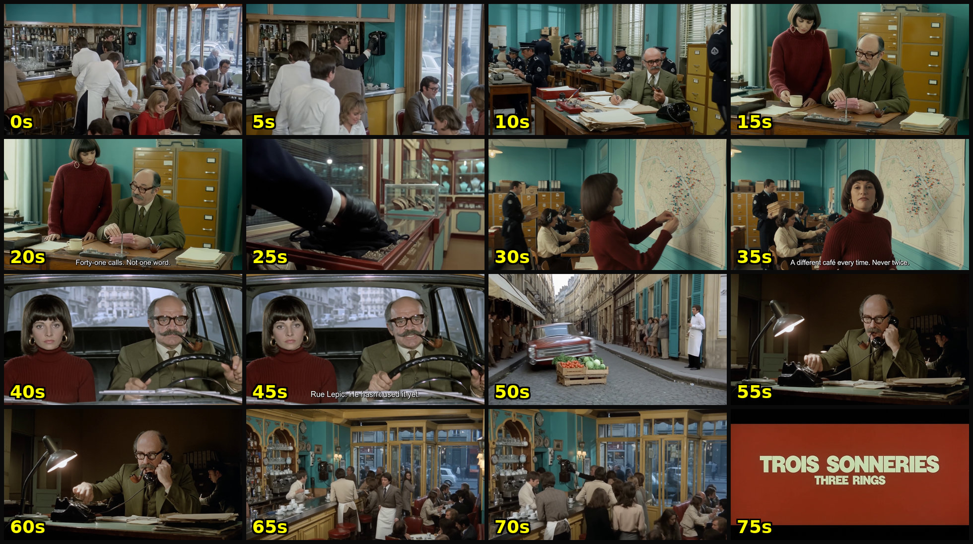 This image is a smaller four-by-four grid of 16 frames. It features the same man in a tan suit and woman in a red turtleneck as the previous. The setting is more varied, including a café and a car ride. The sequence concludes with the same kind of title card.