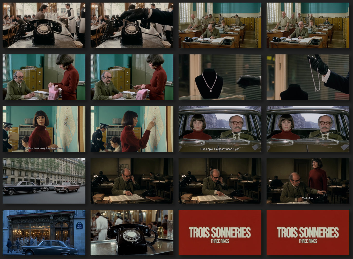 Twenty cinematic stills arranged in a 5x4 grid. The sequence follows a man with glasses and a woman in a red sweater through a crime plot involving a stolen necklace and a map. The scenes transition from an office to a car and finally to a café on Rue Lepic. The grid concludes with a red title card reading “TROIS SONNERIES / THREE RINGS.”